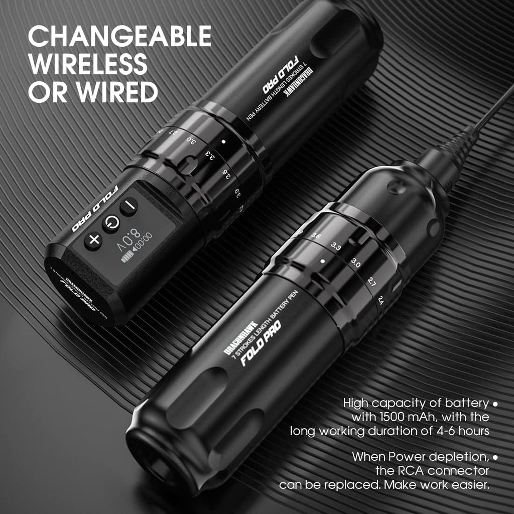MAST TATTOO Fold Pro Wireless Rotary Pen – 7 Stroke Lengths, 2 Batteries, Mcore MY031