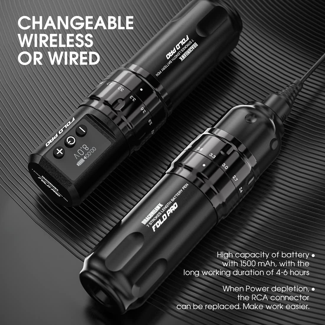 MAST TATTOO Fold Pro Wireless Rotary Pen – 7 Stroke Lengths, 2 Batteries, Mcore MY031