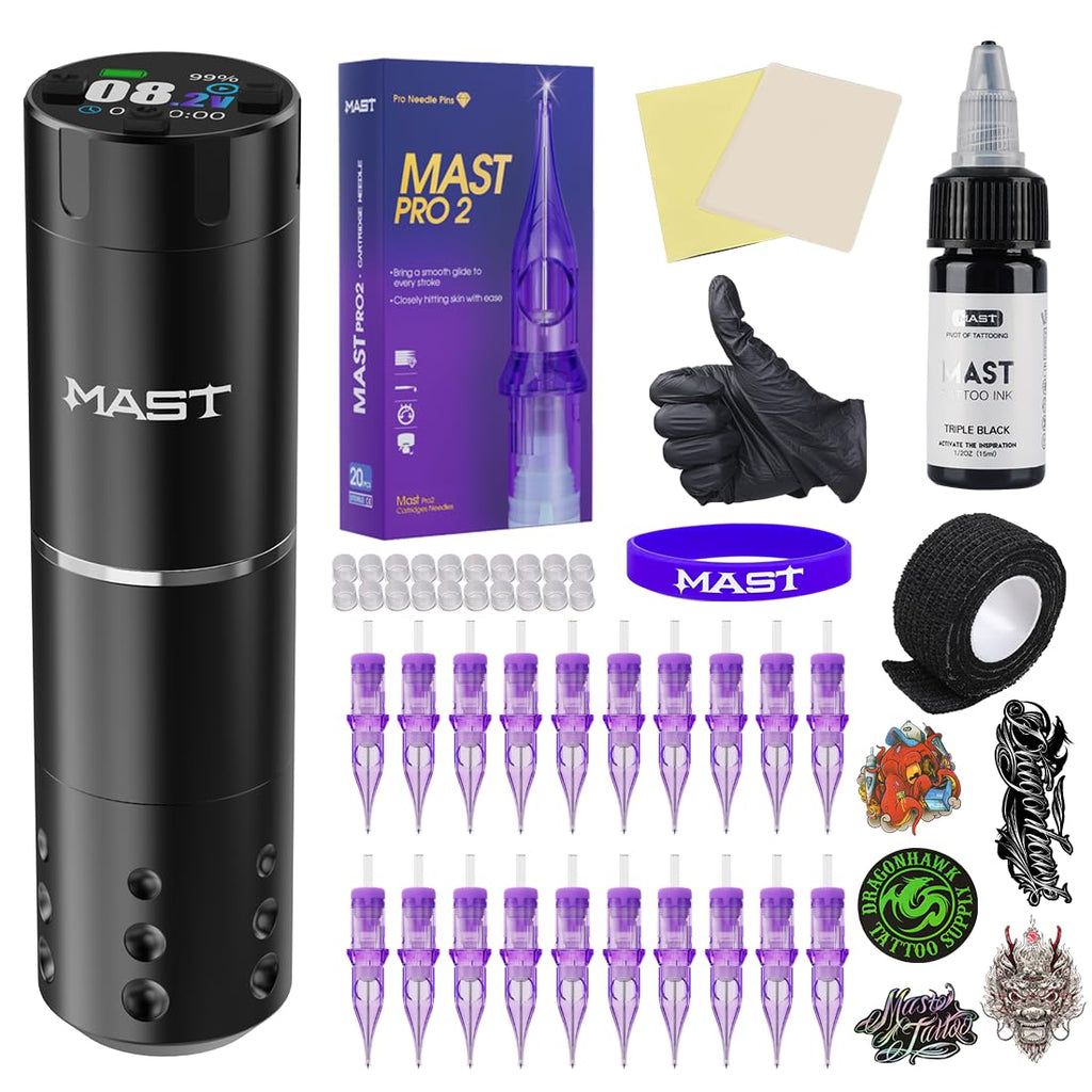 MAST TATTOO A1 Pro Cordless Tattoo Kit — 2200mAh Battery, 3.5mm Stroke, 20 Cartridges, Beginner Friendly