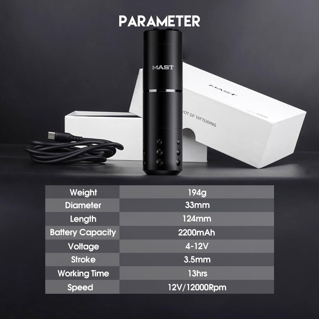 MAST TATTOO A1 Pro Cordless Tattoo Kit — 2200mAh Battery, 3.5mm Stroke, 20 Cartridges, Beginner Friendly