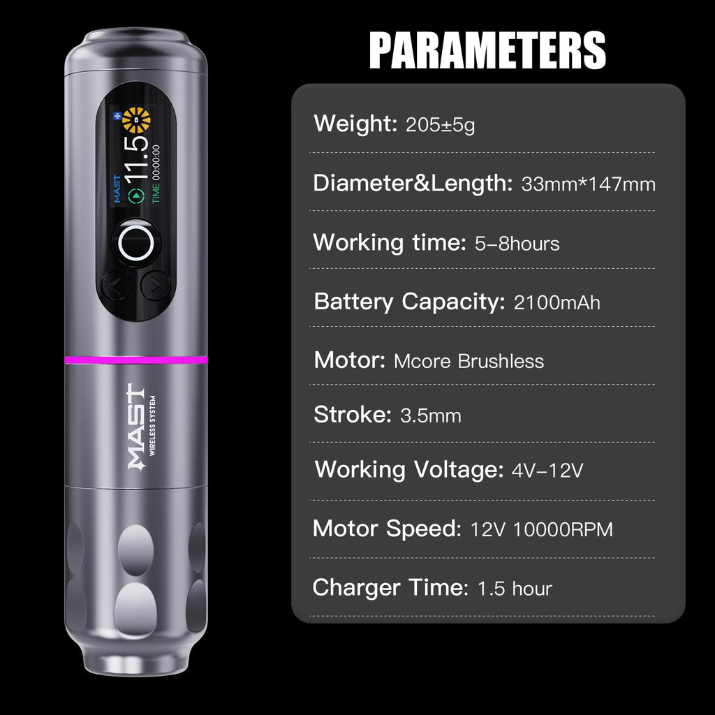 MAST TATTOO Archer2 Wireless Tattoo Kit – Brushless Pen, 12V 10000rpm, Type-C Charging, 20 Cartridges