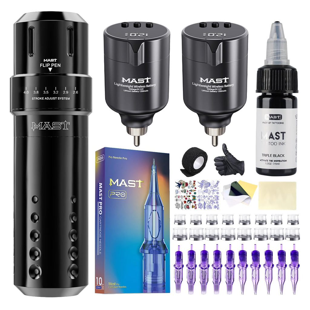 MAST TATTOO Flip Corded & Cordless Tattoo Kit – 6 Stroke Lengths, 2 Batteries, 10 Needles