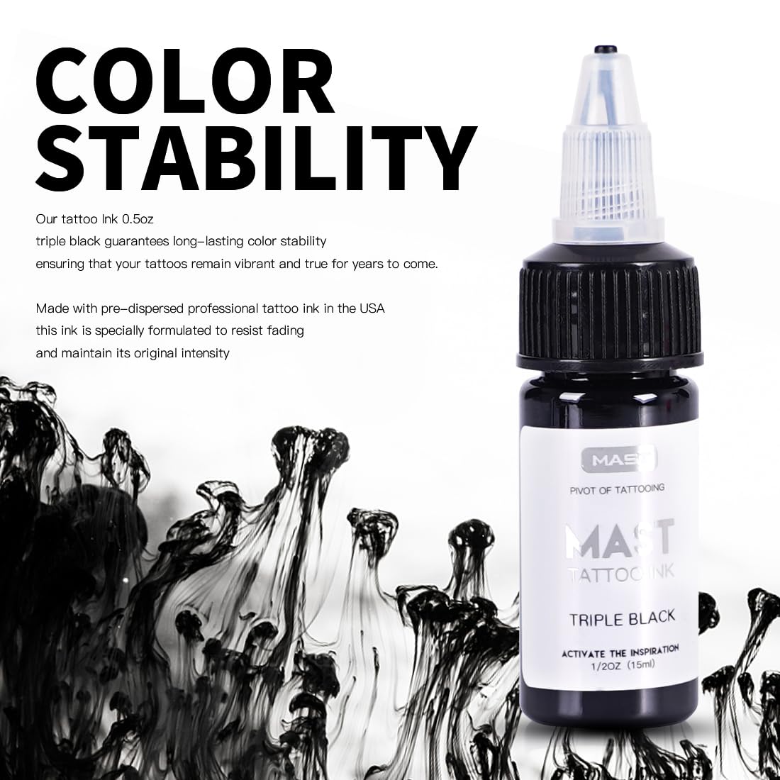 Mast Tattoo Ink Bottle 0.5oz - Triple Black Mas05 | Long-Lasting Color, Easy Flow, Vegan