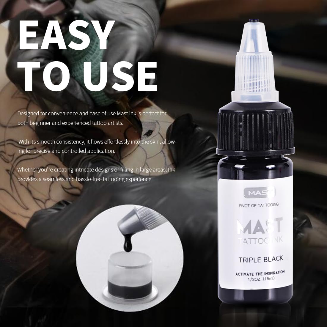 Mast Tattoo Ink Bottle 0.5oz - Triple Black Mas05 | Long-Lasting Color, Easy Flow, Vegan