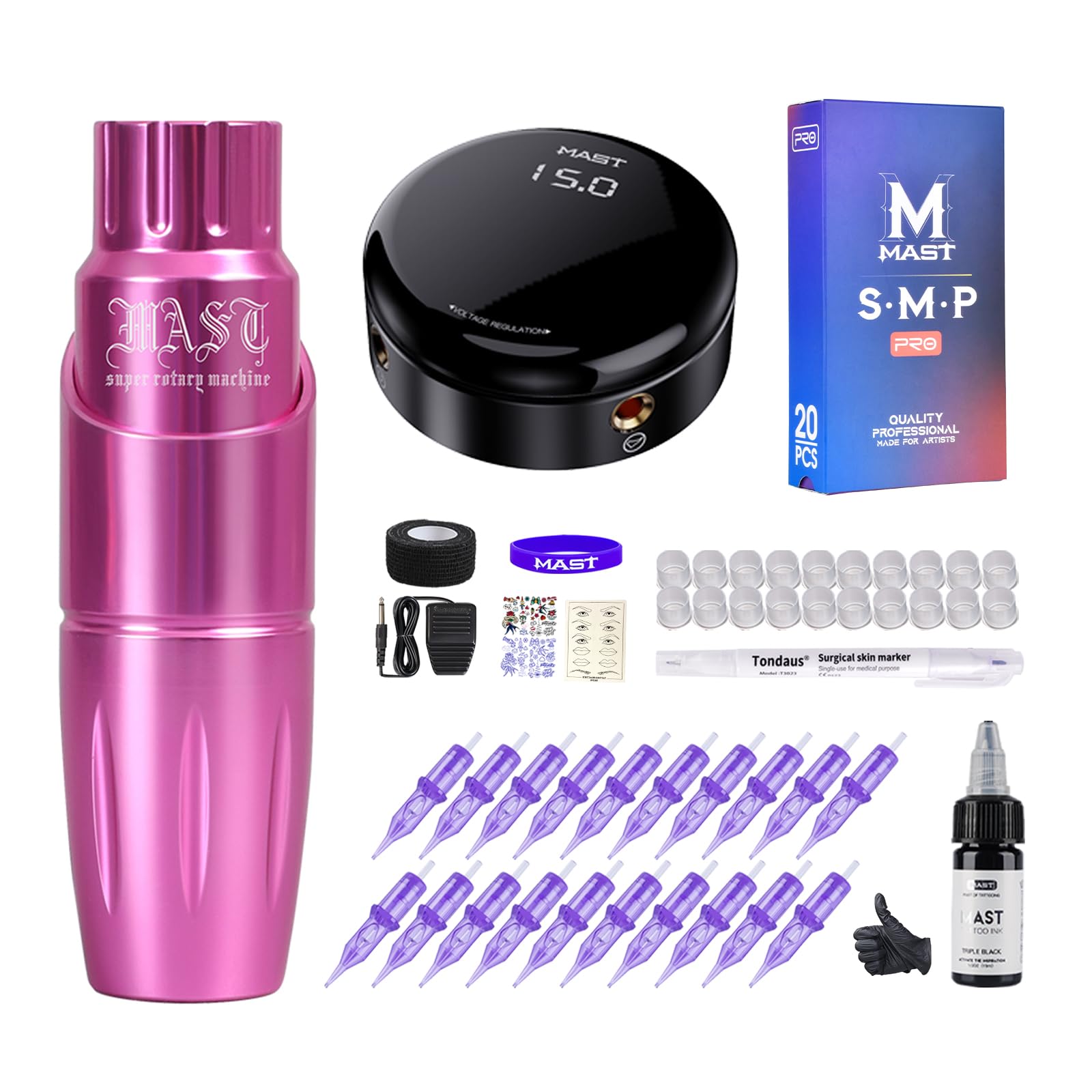 MAST TATTOO Mast Tour Tattoo Kit – Beginner Pen Machine, 20 Cartridges, Pink