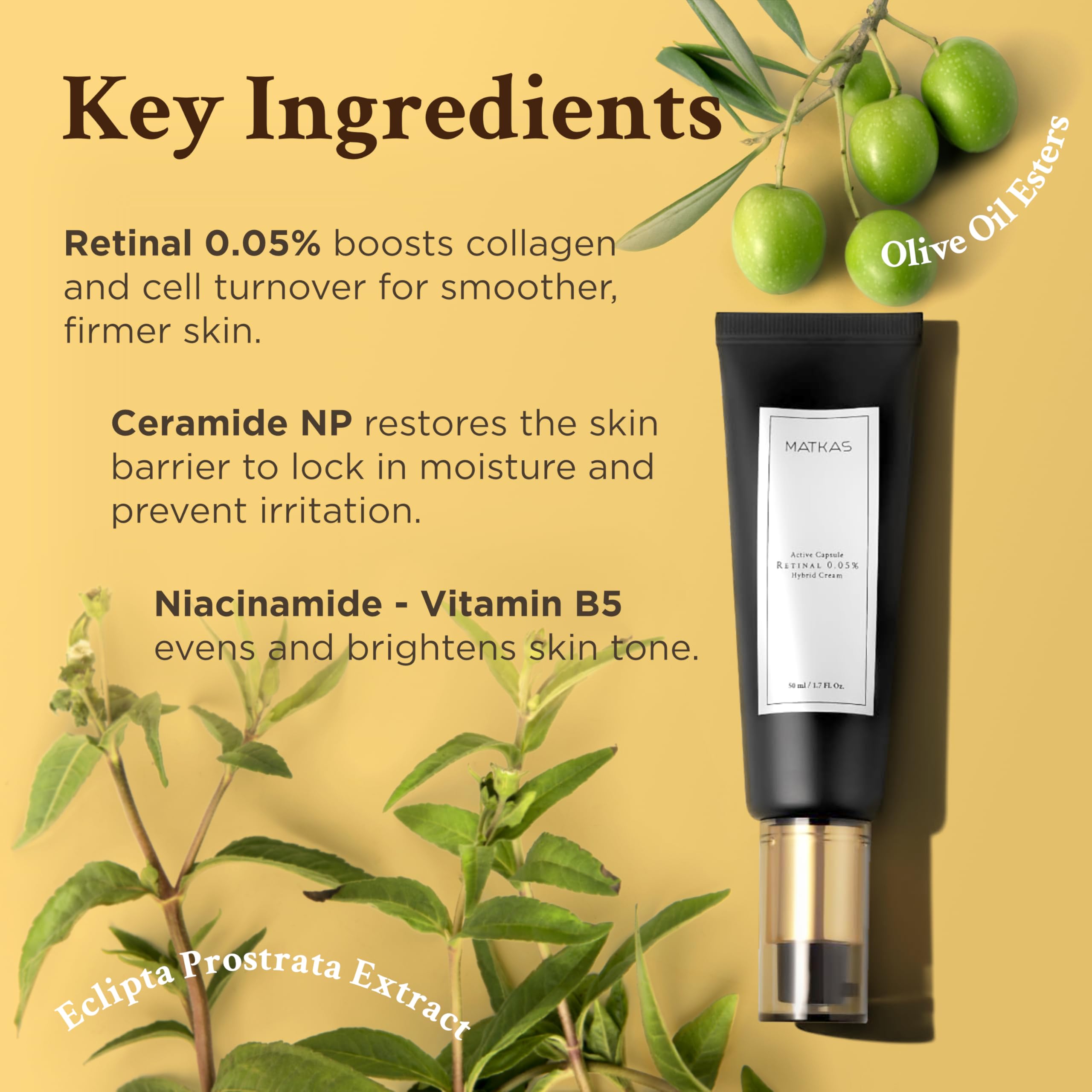 MATKAS Korean Retinal Night Cream 0.05% – 1.7 fl oz | Hydration, Niacinamide & Ceramide Barrier Repair