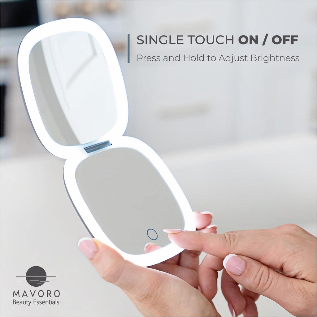 Mavoro LED Lighted Travel Mirror — 1x/10x Magnification, USB-C Rechargeable, Graphite Grey