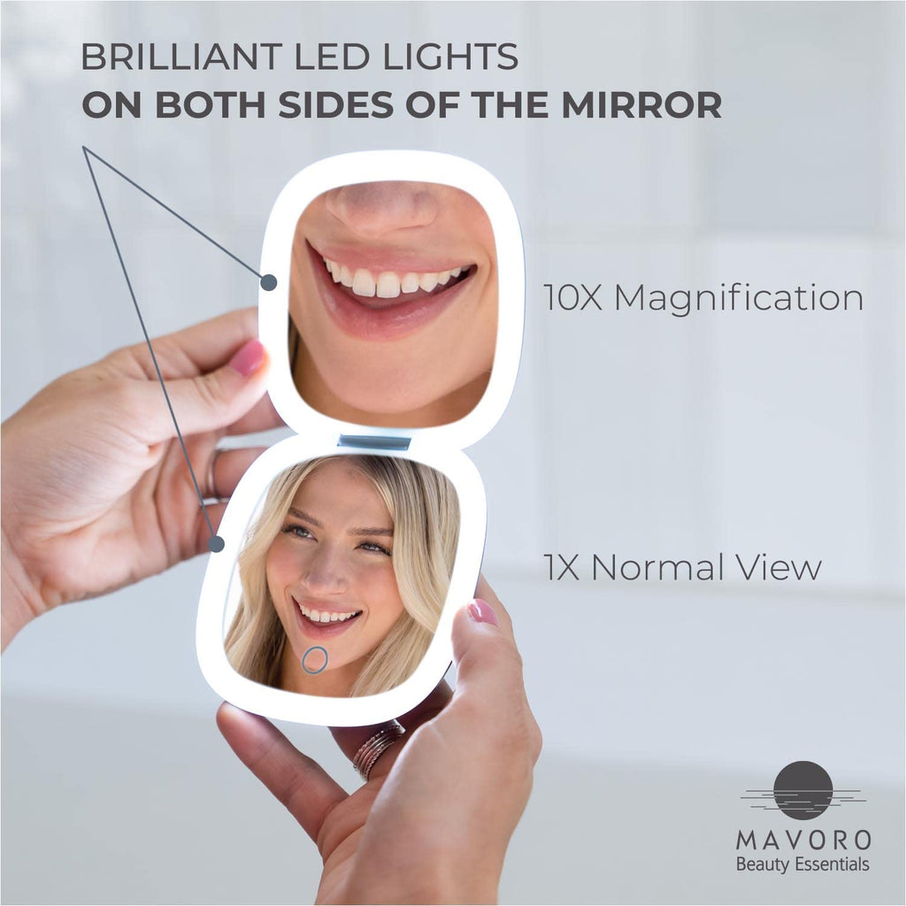 Mavoro LED Lighted Travel Mirror — 1x/10x Magnification, USB-C Rechargeable, Graphite Grey