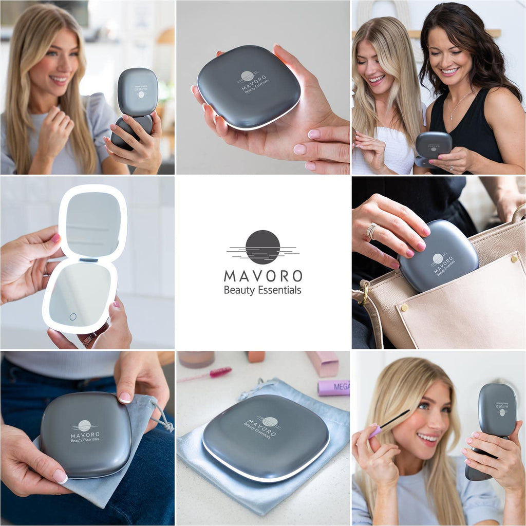 Mavoro LED Lighted Travel Mirror — 1x/10x Magnification, USB-C Rechargeable, Graphite Grey