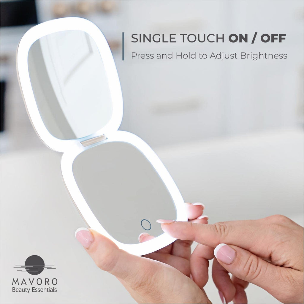 Mavoro LED Lighted Travel Mirror – 1x/10x Magnification, USB-C Rechargeable, Pocket-Size