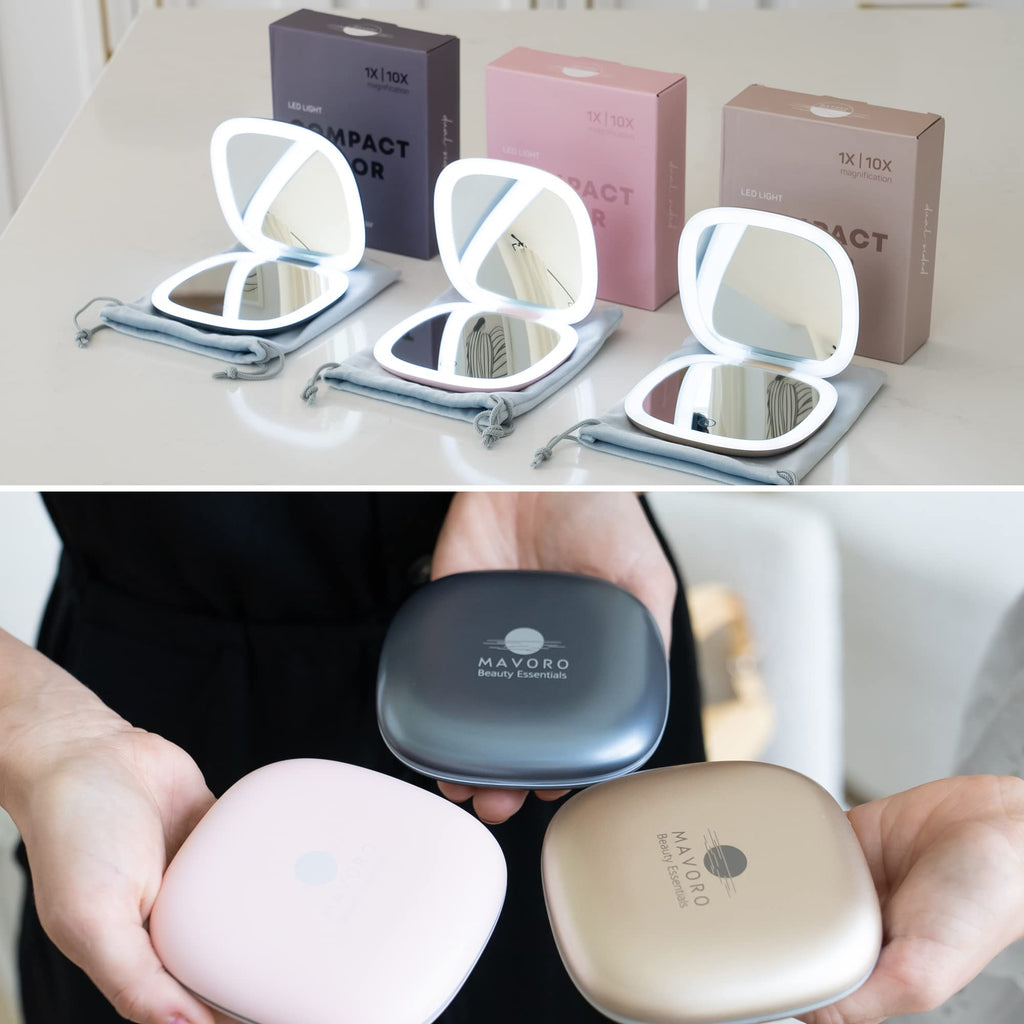 Mavoro LED Lighted Travel Mirror 1x/10x | USB-C Rechargeable | Heavenly Pink