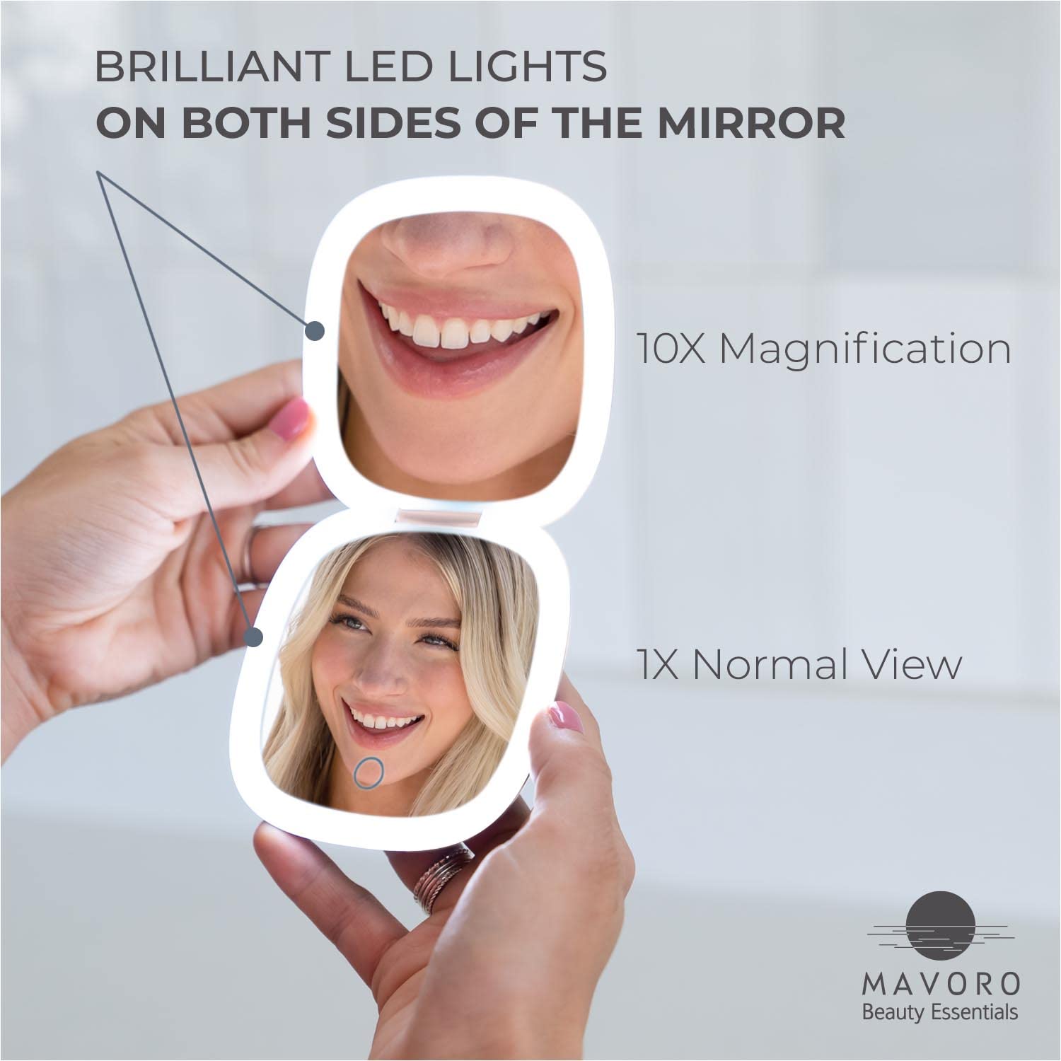 Mavoro LED Lighted Travel Mirror 1x/10x | USB-C Rechargeable | Heavenly Pink