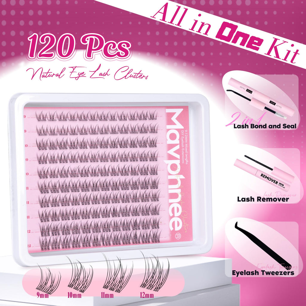 Mavphnee Natural Lash Clusters Kit — Wispy CC-Curl Lashes, Clear Band, DIY Lash Extensions, Bond & Seal, Remover