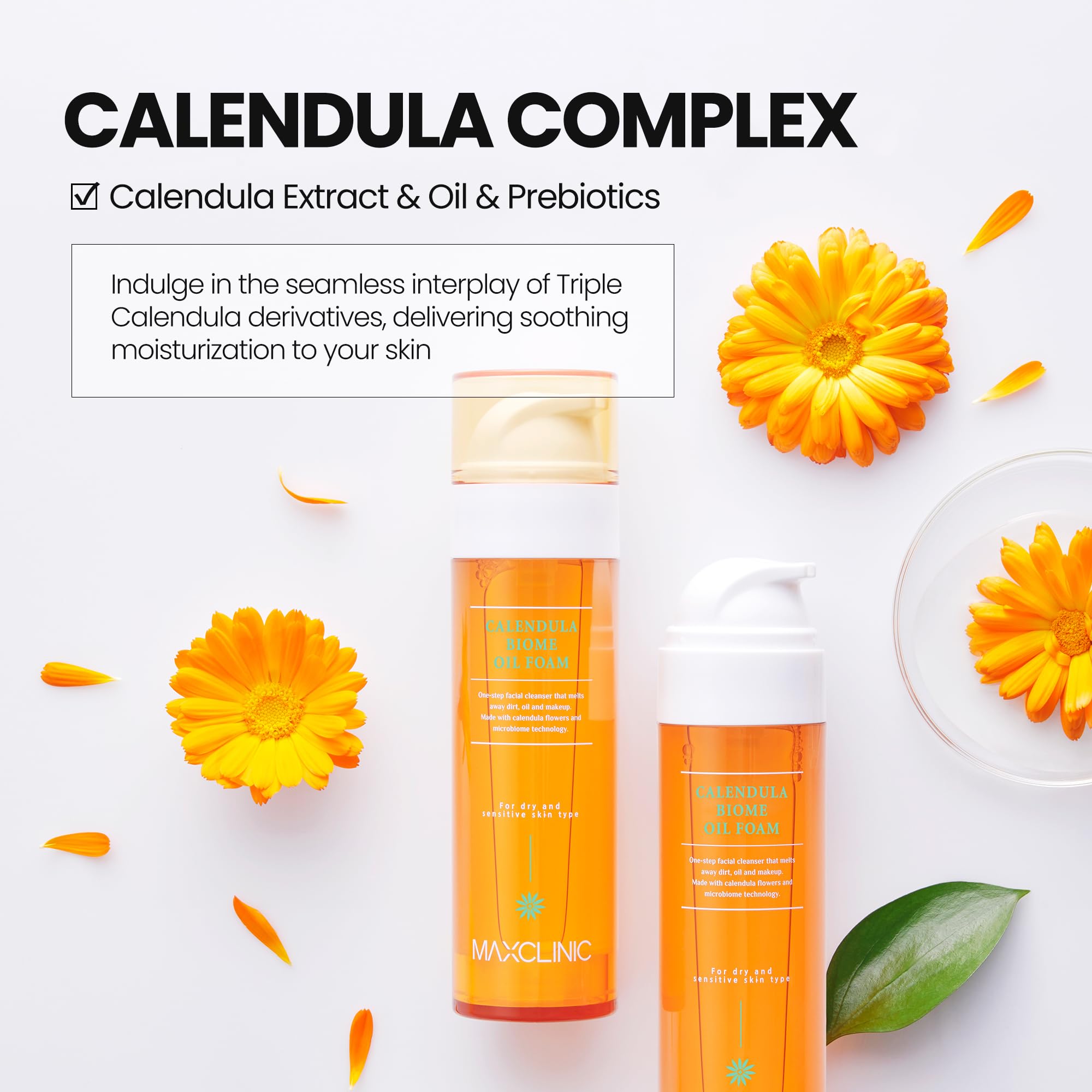 MAXCLINIC Calendula Biome Oil to Foam - All-in-One Korean Oil-Based Foaming Cleanser for Hydration & Soothing Makeup Removal (3.88 fl oz)