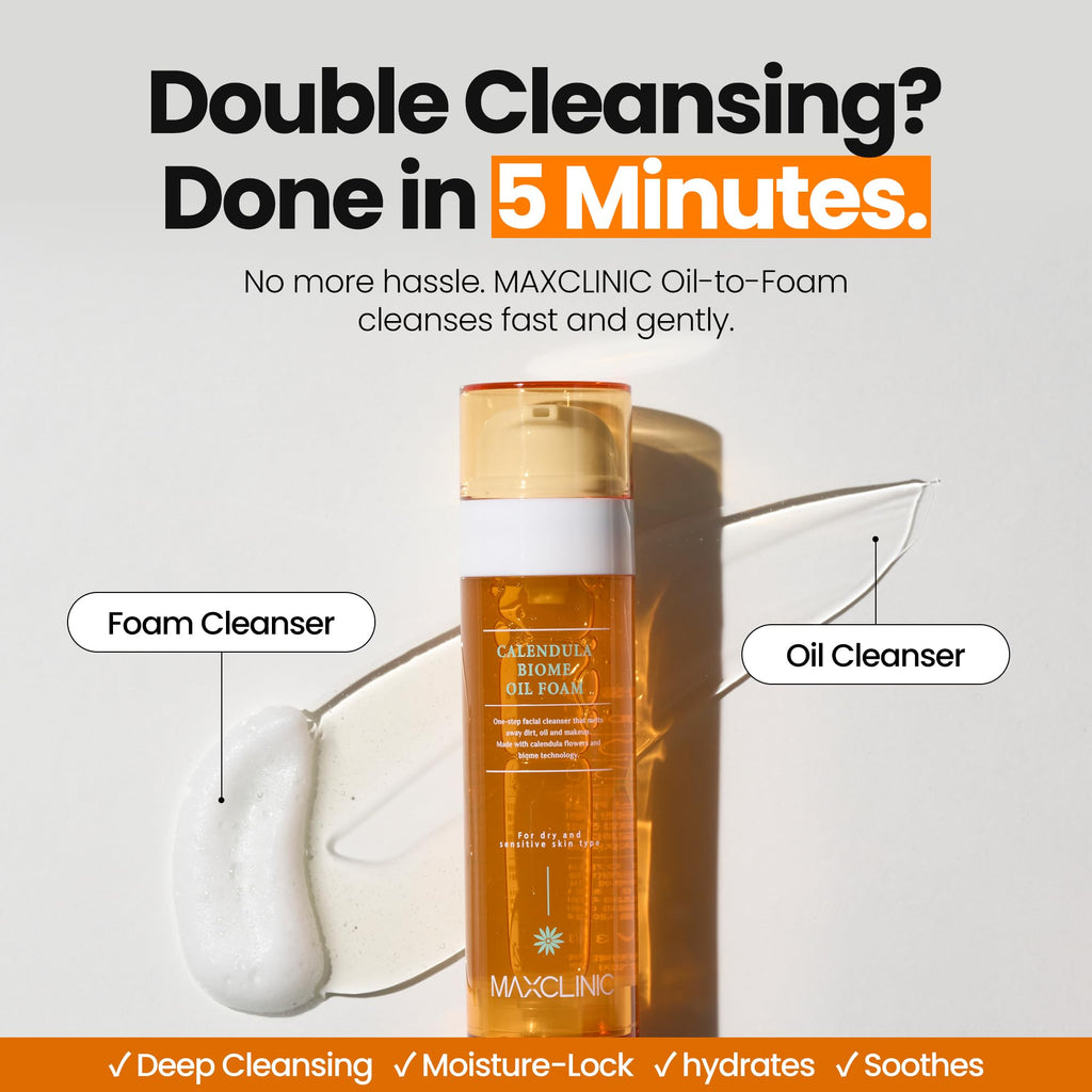 MAXCLINIC Calendula Biome Oil to Foam - All-in-One Korean Oil-Based Foaming Cleanser for Hydration & Soothing Makeup Removal (3.88 fl oz)