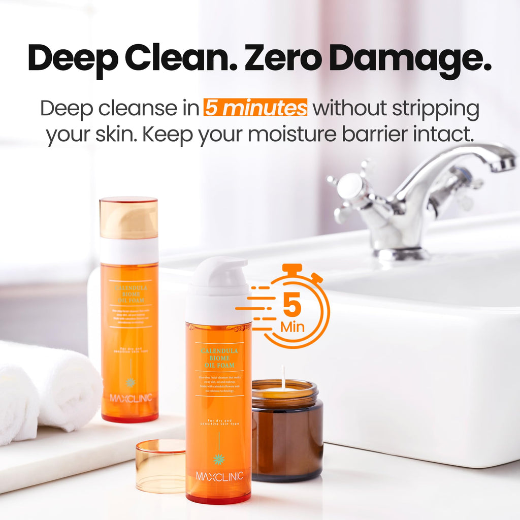 MAXCLINIC Calendula Biome Oil to Foam - All-in-One Korean Oil-Based Foaming Cleanser for Hydration & Soothing Makeup Removal (3.88 fl oz)