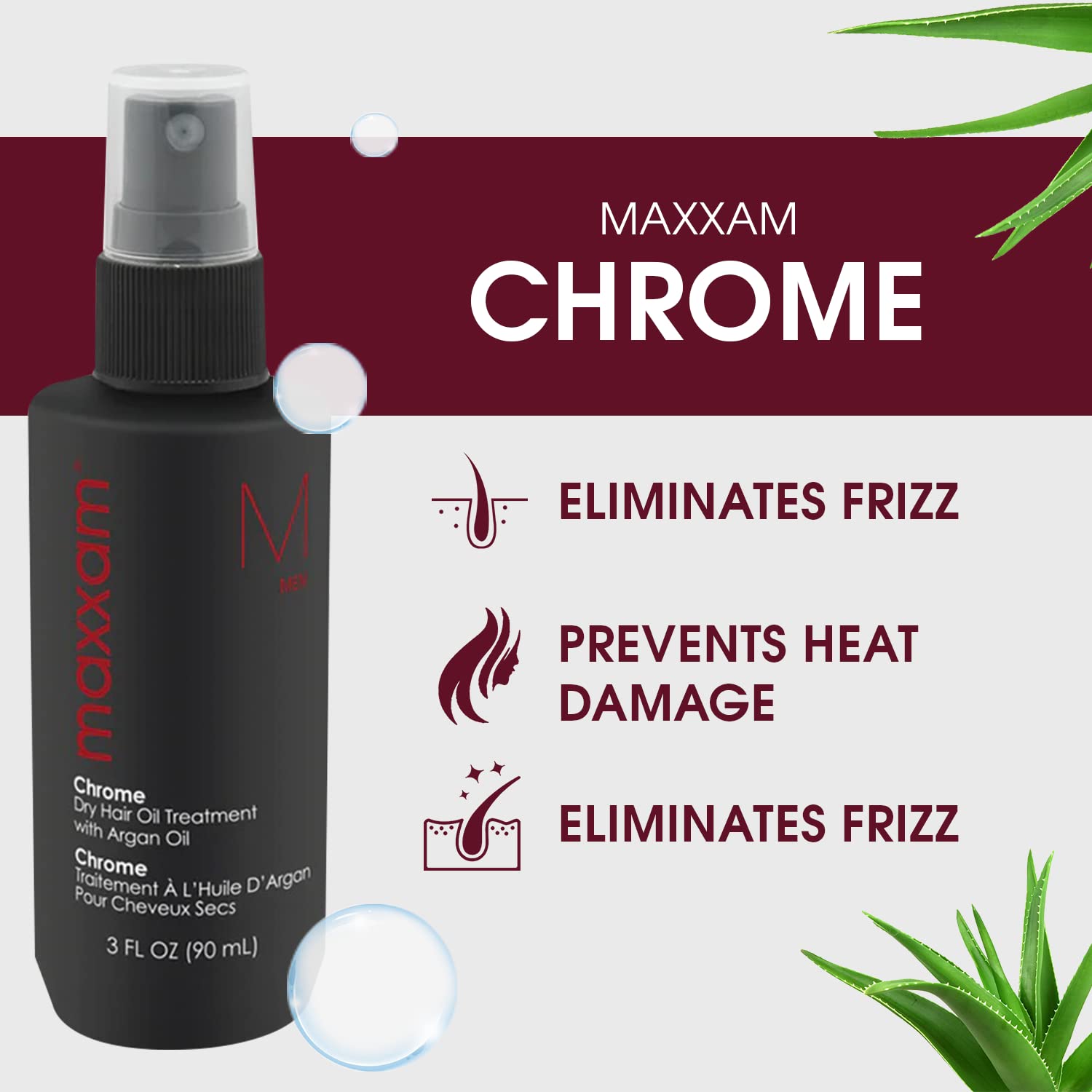 HAIR CLUB Maxxam Chrome Leave-in Hair Oil with Argan Oil | Heat Shield, Frizz Control & Shine (3 oz)