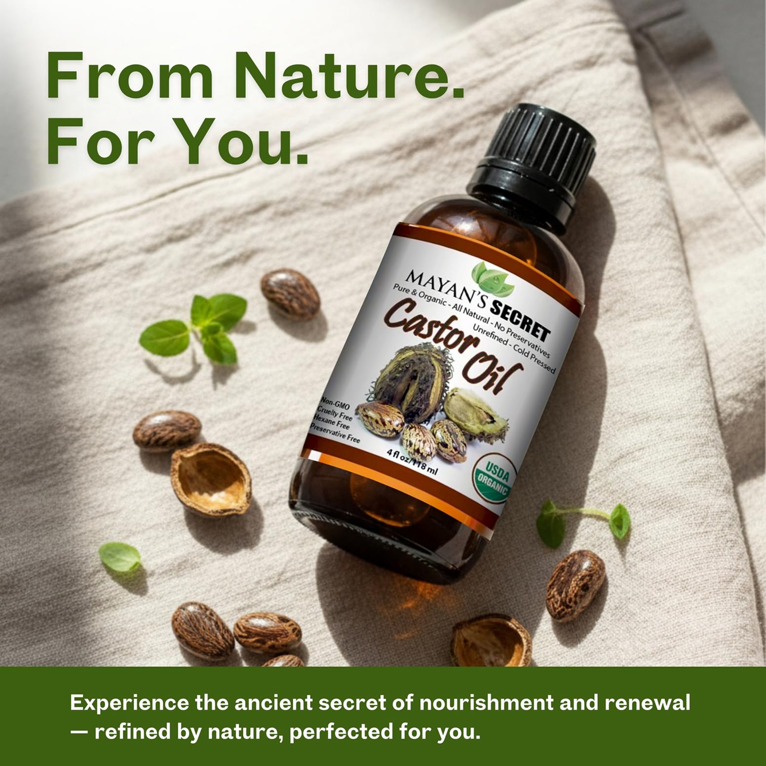 Mayan's Secret Pure Cold-Pressed Castor Oil – Organic Hexane-Free Unrefined, 4 fl oz in Amber Glass