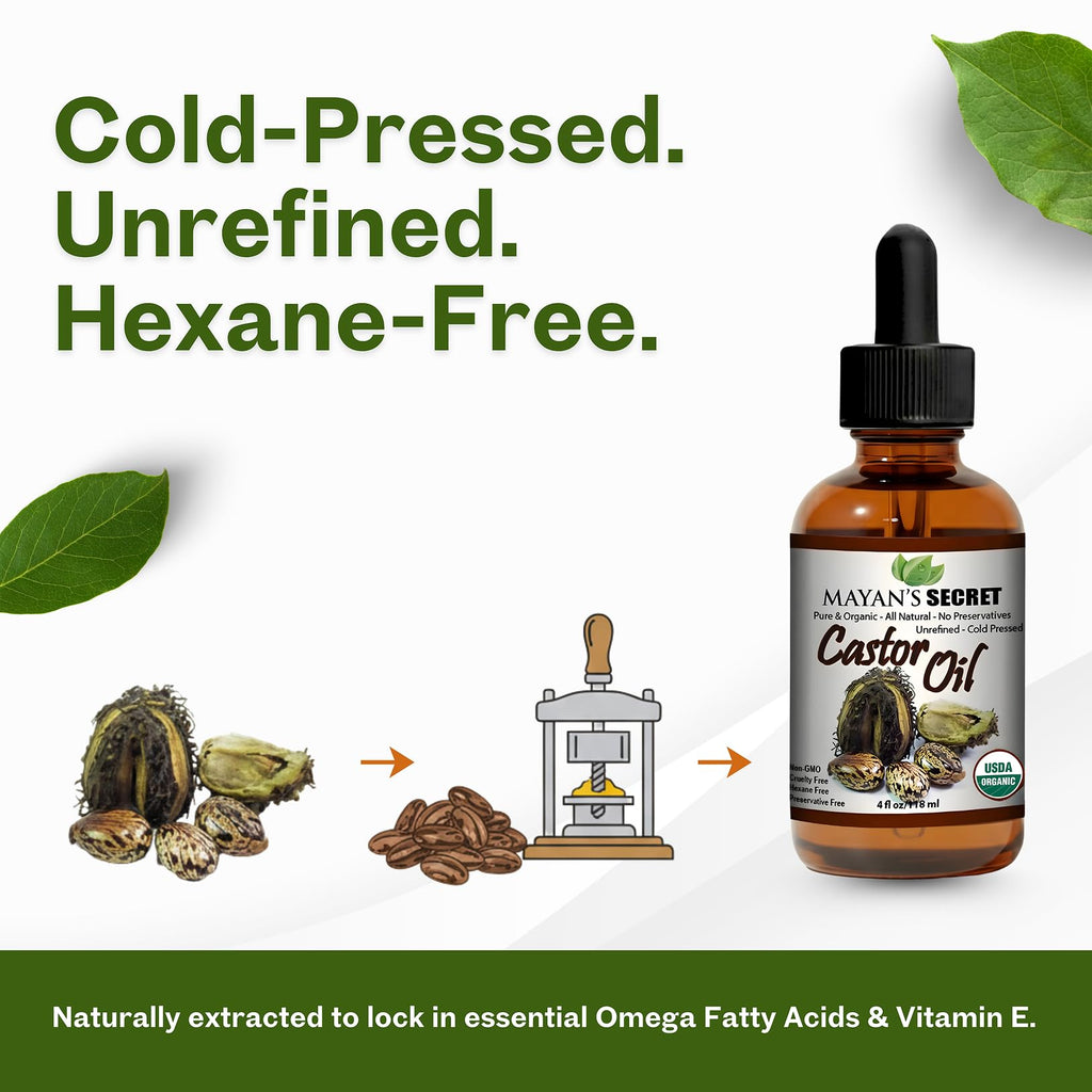 Mayan's Secret Pure Cold-Pressed Castor Oil – Organic Hexane-Free Unrefined, 4 fl oz in Amber Glass