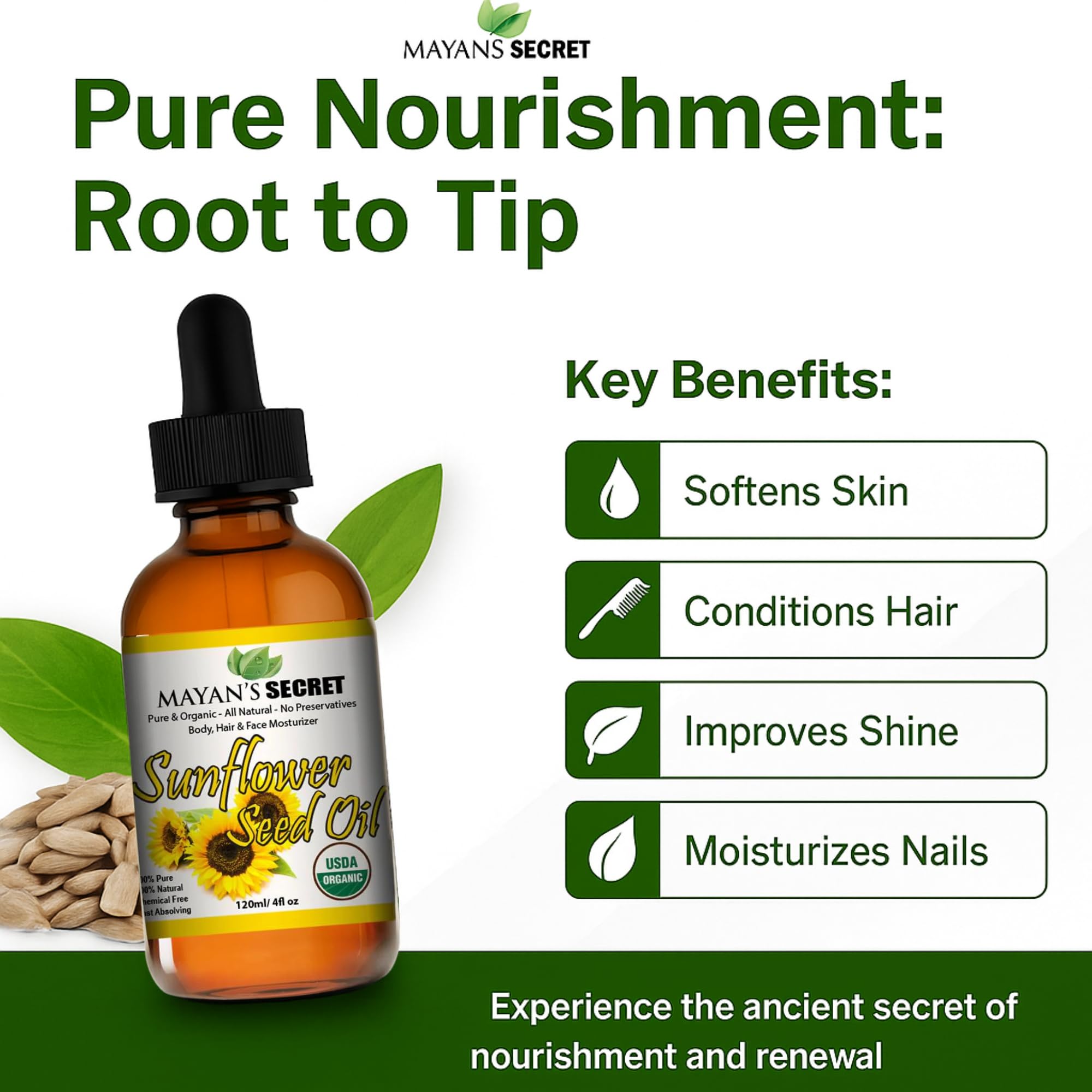 Mayan's Secret Sunflower Seed Oil - 4oz | USDA Organic Cold-Pressed Carrier Oil