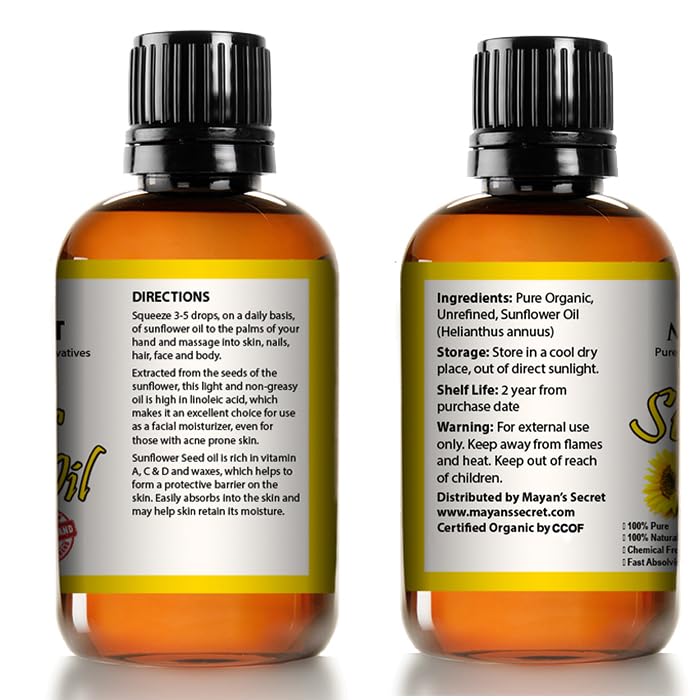 Mayan's Secret Sunflower Seed Oil - 4oz | USDA Organic Cold-Pressed Carrier Oil