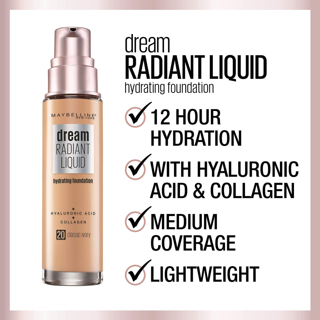 Maybelline Dream Radiant Liquid Foundation – Hydrating Medium Coverage, Fair Porcelain