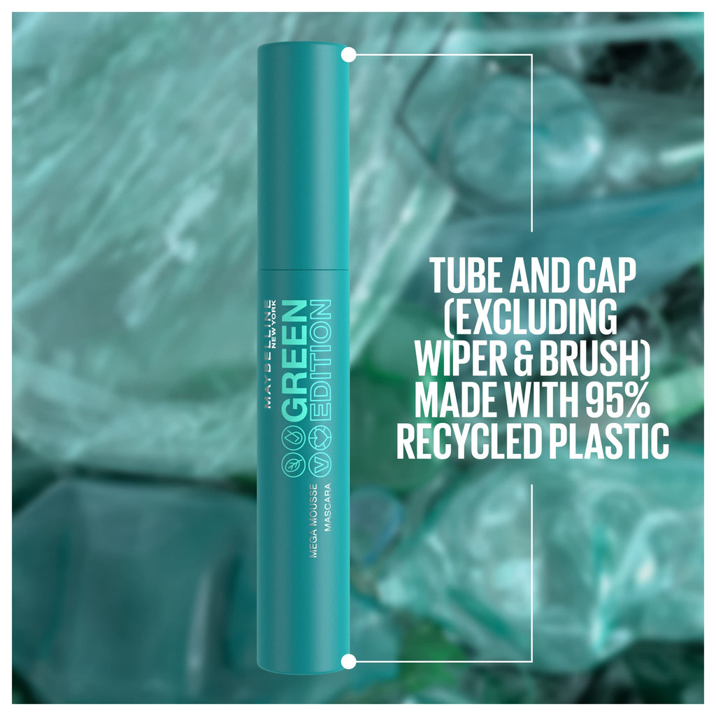 Maybelline Green Edition Mega Mousse Mascara – Lightweight Buildable Volume, Shea Butter