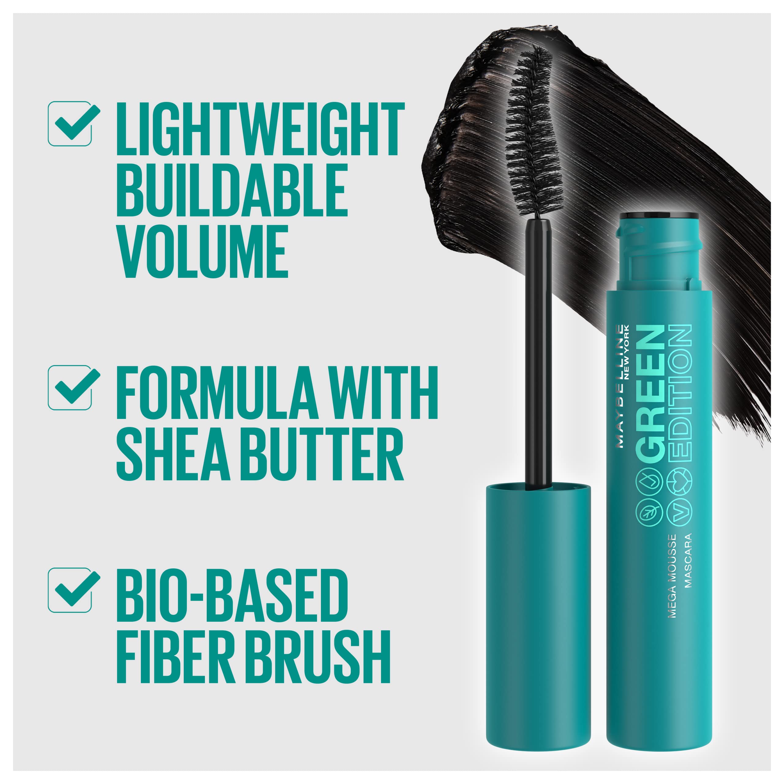 Maybelline Green Edition Mega Mousse Mascara – Lightweight Buildable Volume, Shea Butter