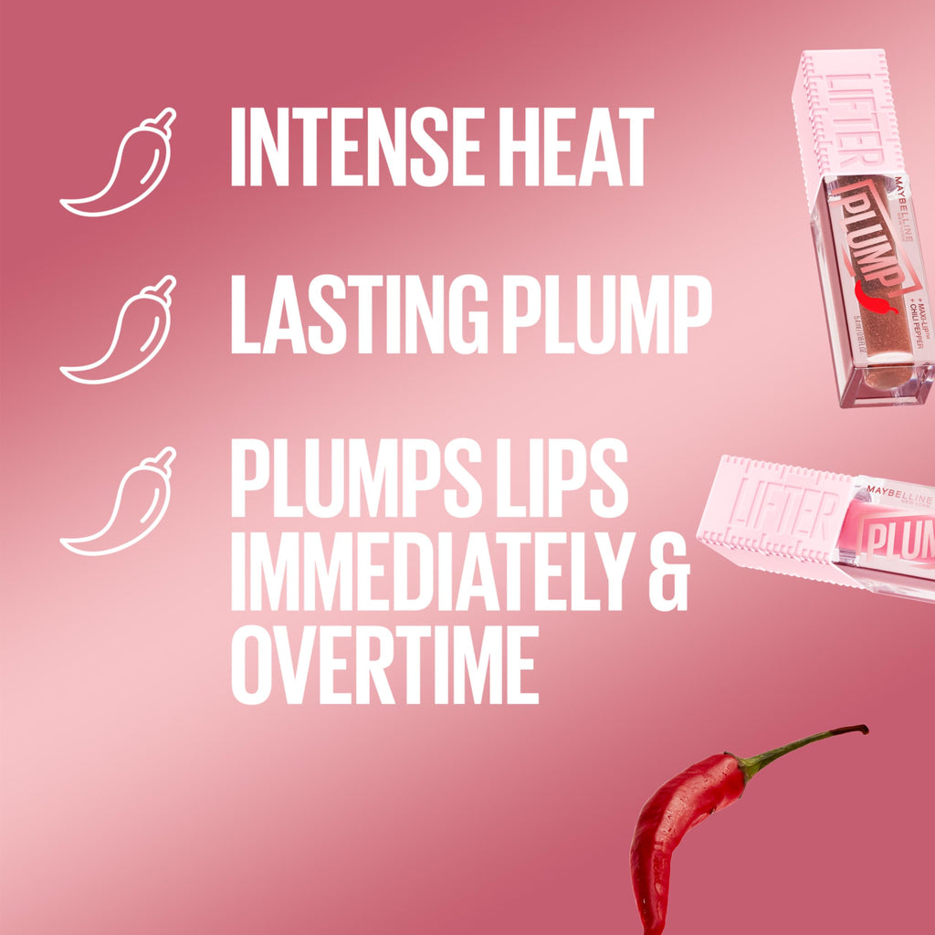 MAYBELLINE Lifter Gloss Plump – Chili Pepper, Maxi-Lip, Pink Sting