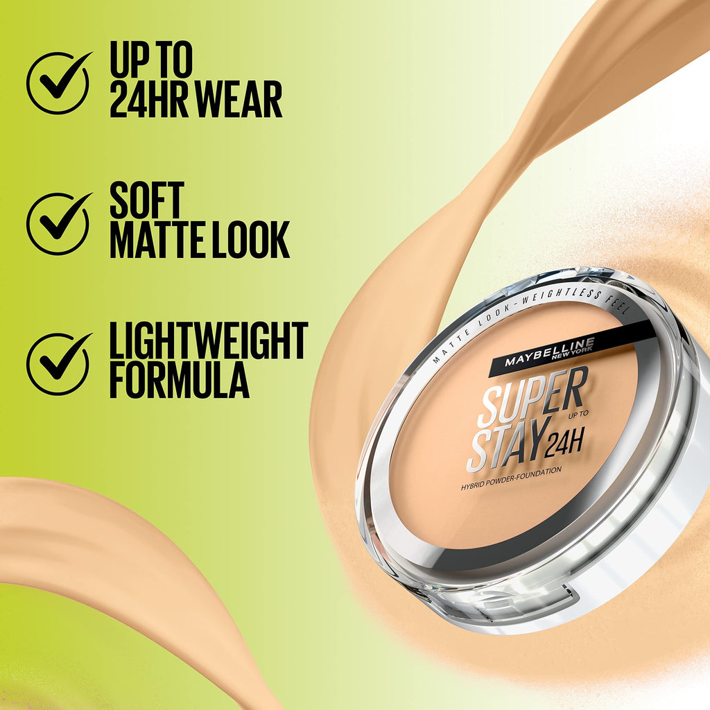 Maybelline Super Stay Hybrid Powder Foundation – 24HR Matte Coverage, Medium-to-Full, Shade 102