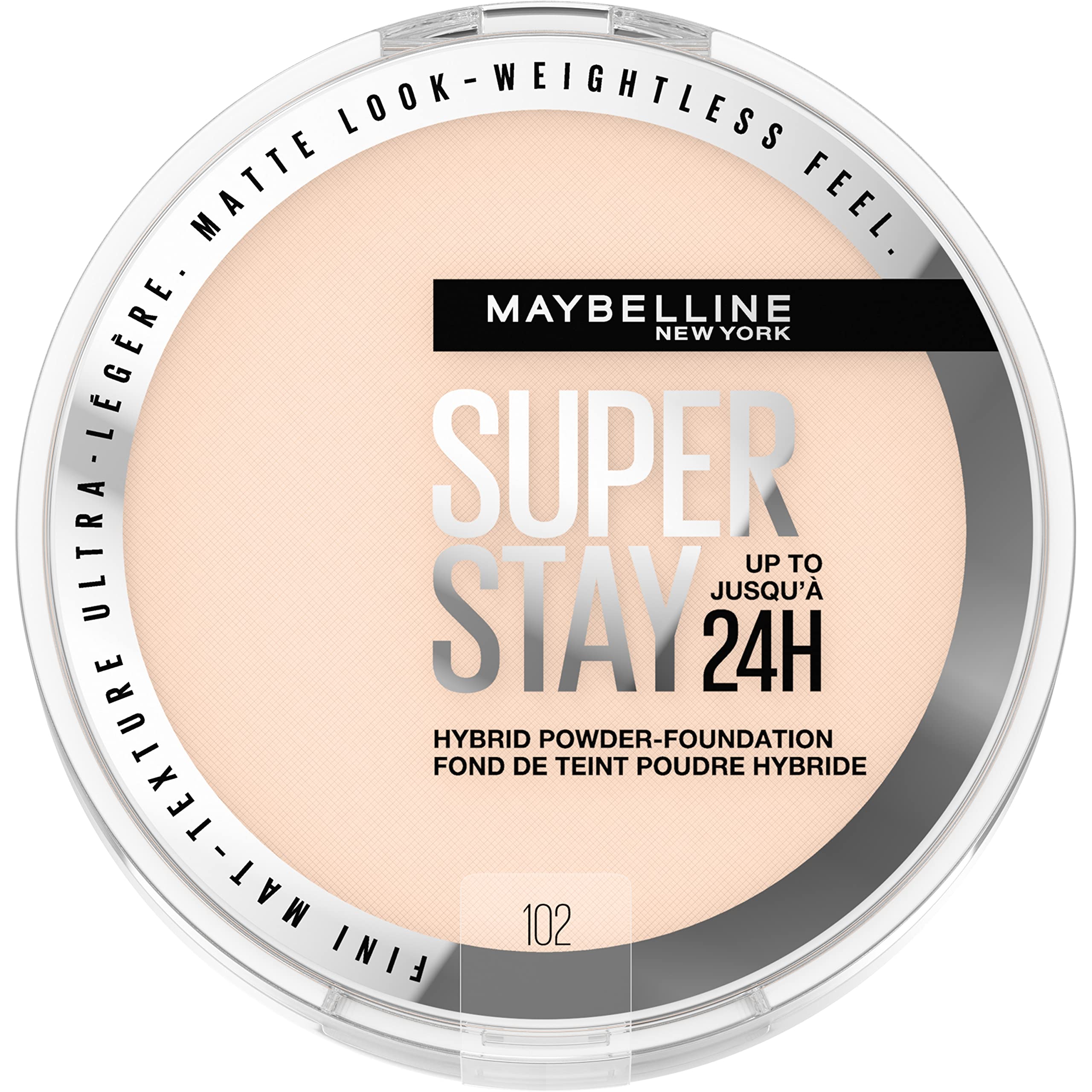 Maybelline Super Stay Hybrid Powder Foundation – 24HR Matte Coverage, Medium-to-Full, Shade 102