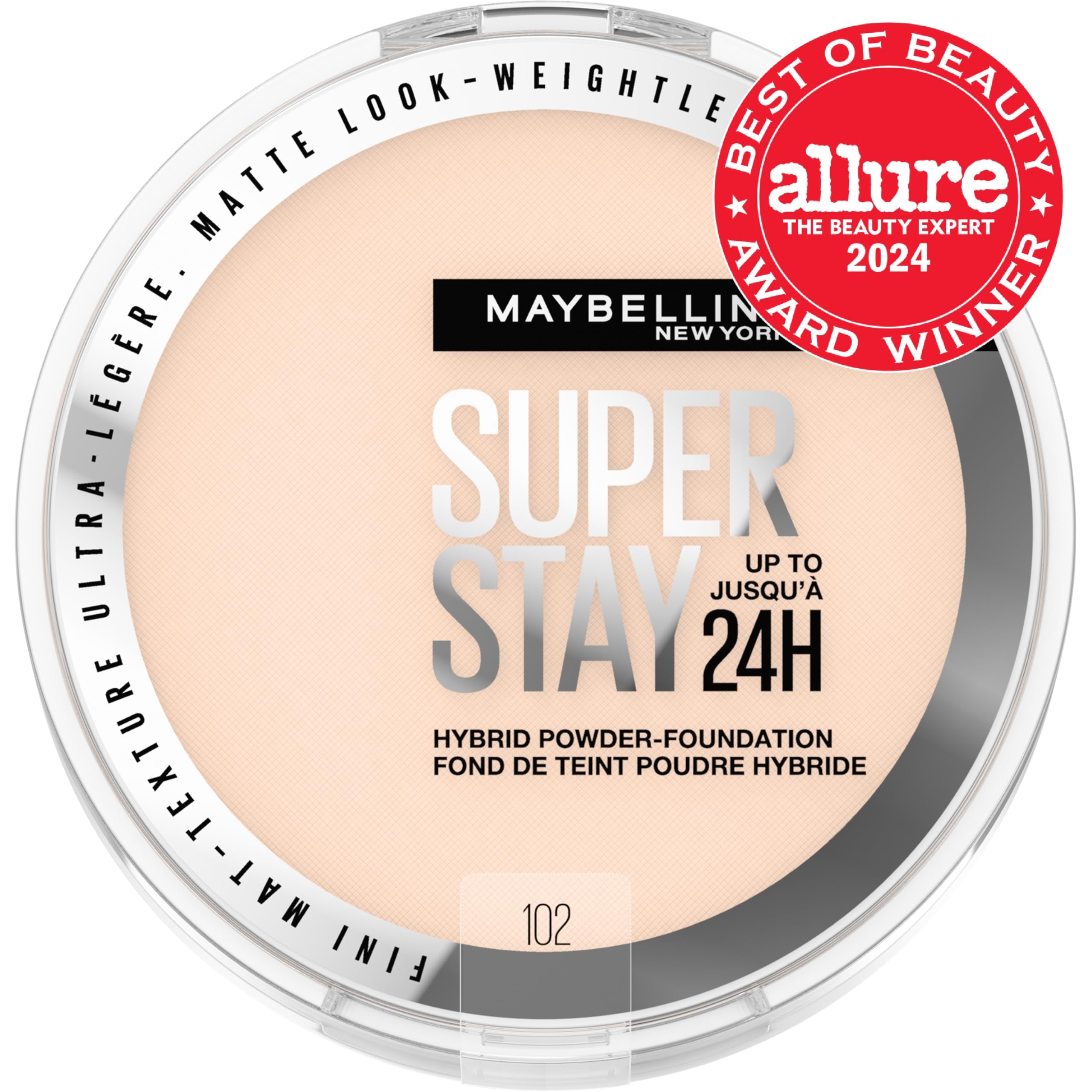 Maybelline Super Stay Hybrid Powder Foundation – 24HR Matte Coverage, Medium-to-Full, Shade 102