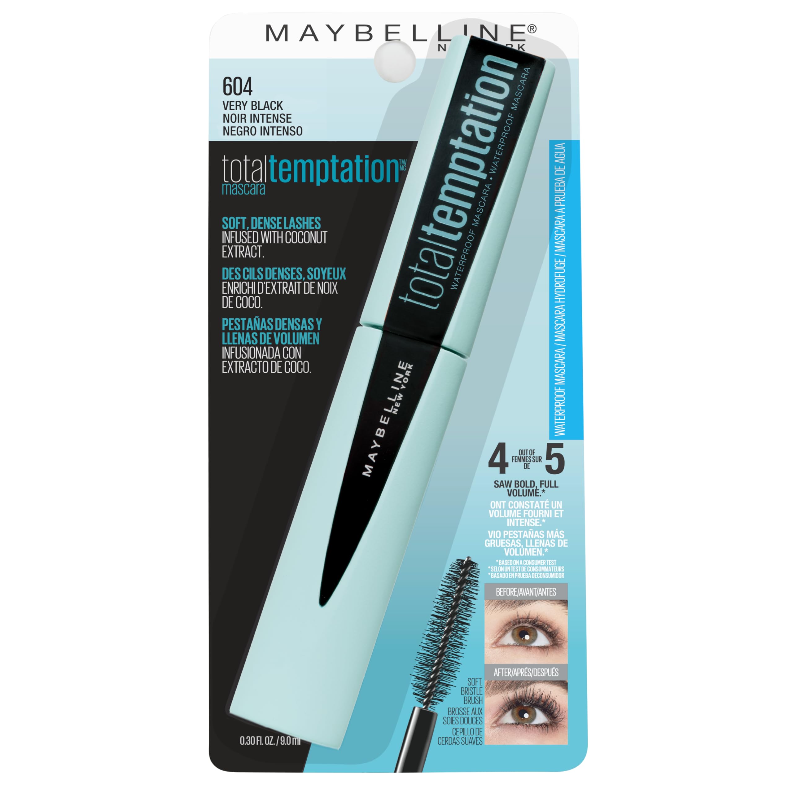 Maybelline Total Temptation Waterproof Mascara – Bold Volume & Length, Very Black, 0.3 oz