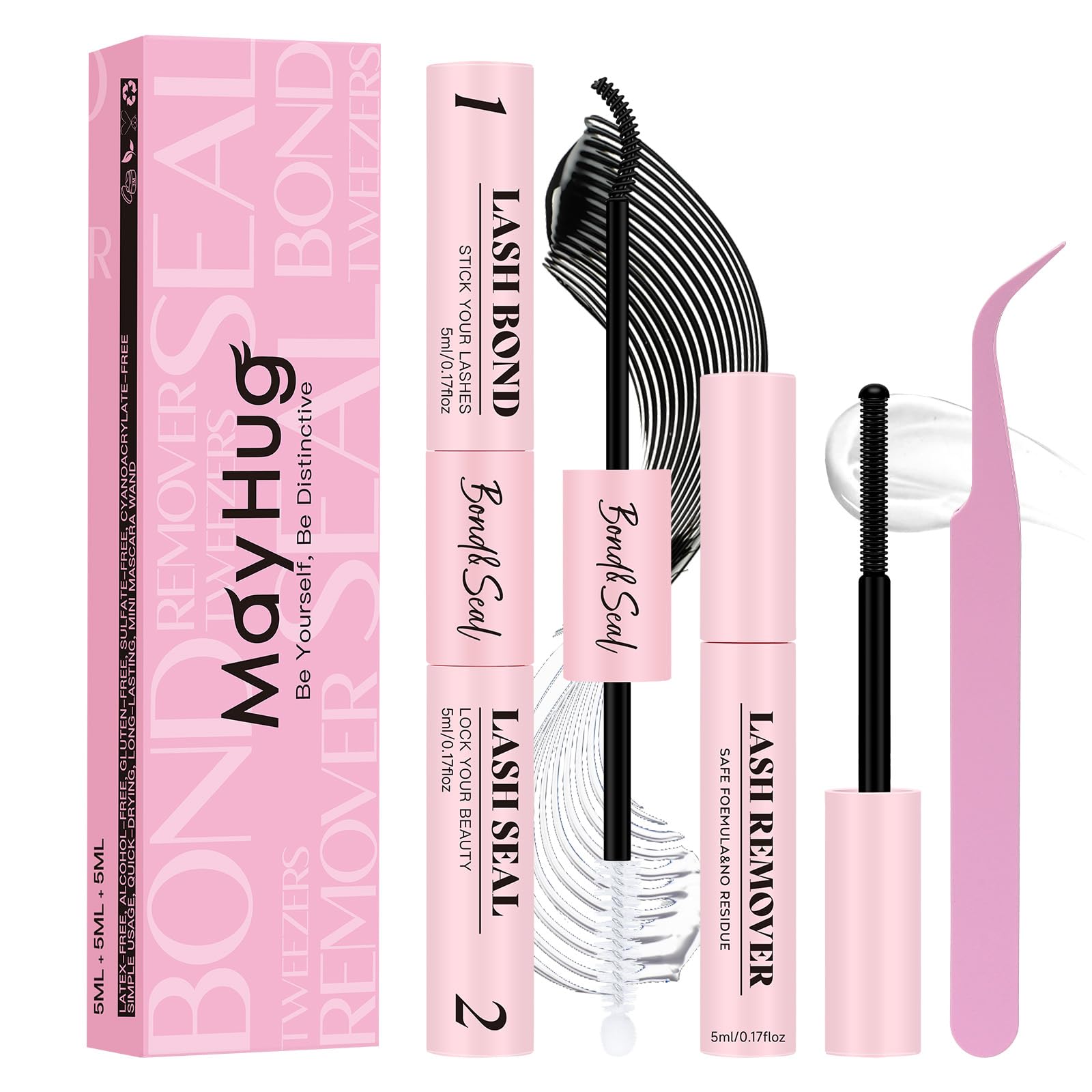 Mayhug Lash Cluster Bond & Seal Kit – 4-in-1 DIY Lash Extensions (Remover + Tweezers)