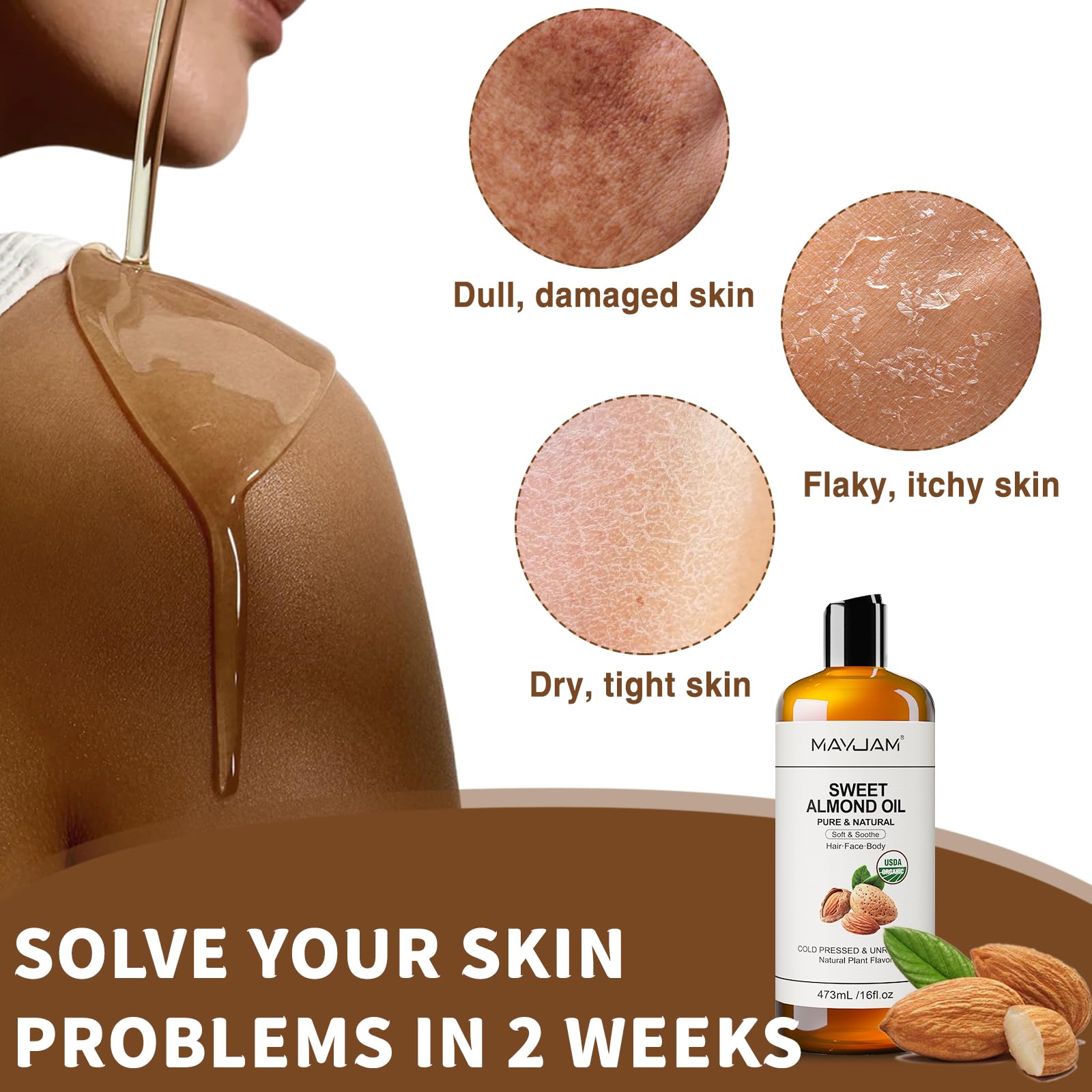 MAYJAM Sweet Almond Oil – 16 oz USDA Certified Pure & Natural Carrier Oil for Skin, Hair & Essential Oil Blends (473 ml)