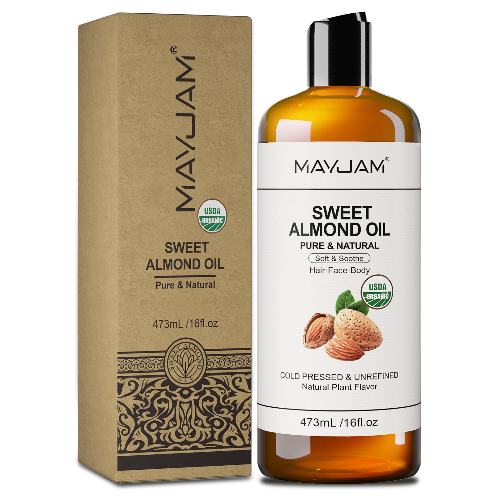 MAYJAM Sweet Almond Oil – 16 oz USDA Certified Pure & Natural Carrier Oil for Skin, Hair & Essential Oil Blends (473 ml)