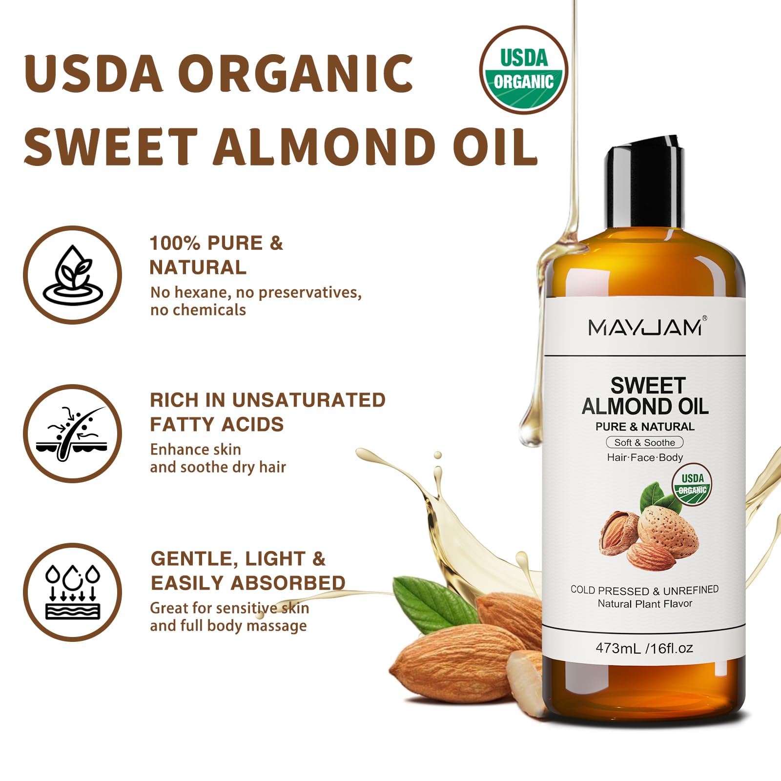 MAYJAM Sweet Almond Oil – 16 oz USDA Certified Pure & Natural Carrier Oil for Skin, Hair & Essential Oil Blends (473 ml)