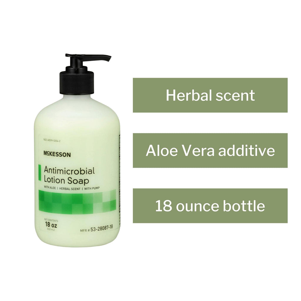 McKesson Antimicrobial Lotion Hand Soap with Aloe — 18 oz Pump Bottle, Herbal Scent