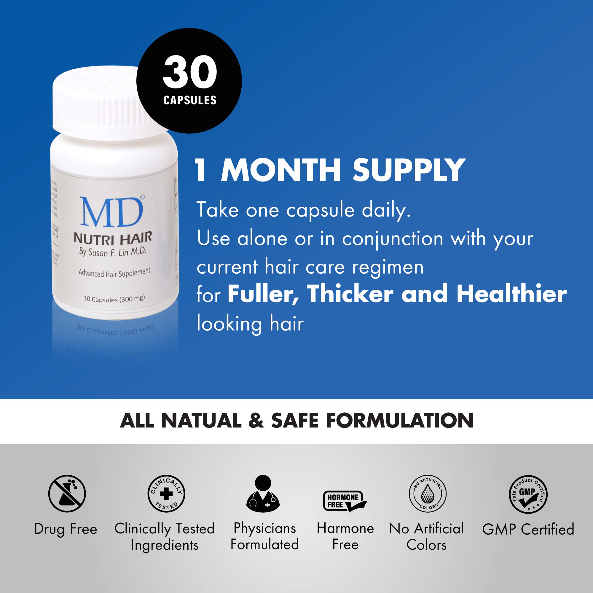 MD Nutri Hair Growth Supplement with Biotin (30 capsules) | Supports Fuller, Thicker-Looking Hair | Drug-Free Formula