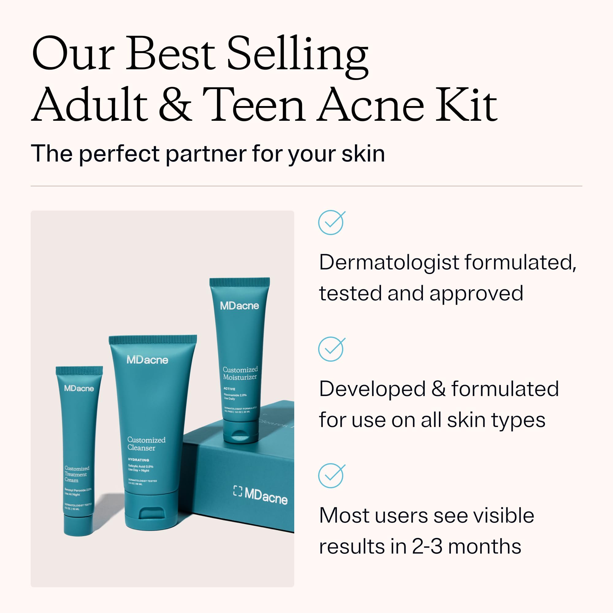 MDacne 3 Step Acne Treatment Kit – Benzoyl Peroxide 2.5%, Salicylic Cleanser, Niacinamide Moisturizer