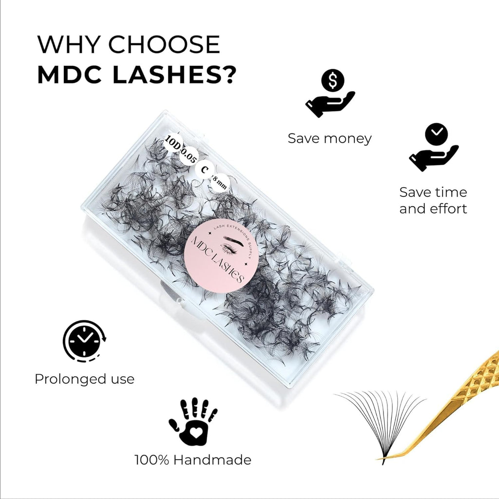 MDC LASHES 500 Premade Eyelash Fans | Volume Lash Extensions 5D–20D, 0.03–0.07 Thickness, C/CC/D Curls, 8–18mm