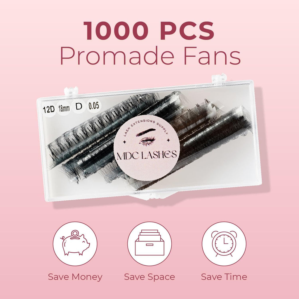 MDC LASHES Promade Fans 1000 – Ultra Speed Premade Volume Lash Extensions, 5D-20D, C/CC/D Curl, 10-18mm