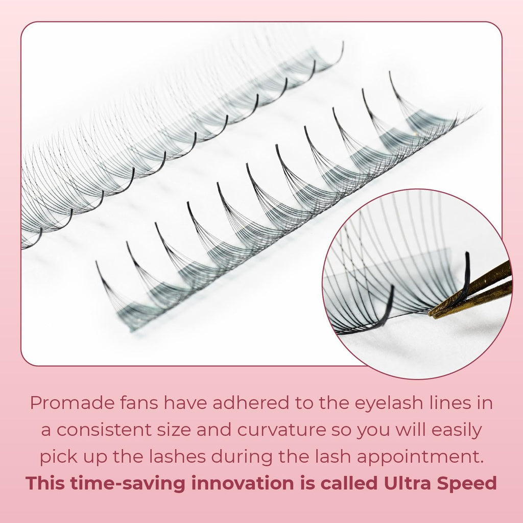 MDC LASHES Promade Fans 1000: Ultra Speed 5D-20D Premade Lash Extensions, C/CC/D Curl, 10–18mm
