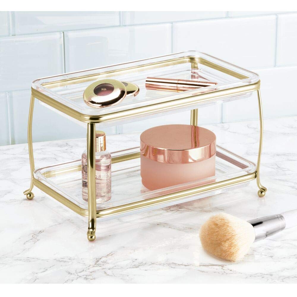 mDesign 2-Tier Decorative Makeup Organizer Vanity Tray – Soft Brass/Clear