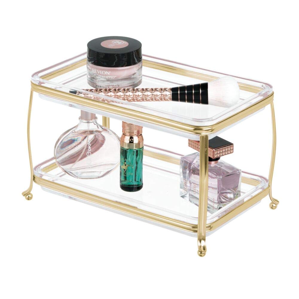 mDesign 2-Tier Decorative Makeup Organizer Vanity Tray – Soft Brass/Clear