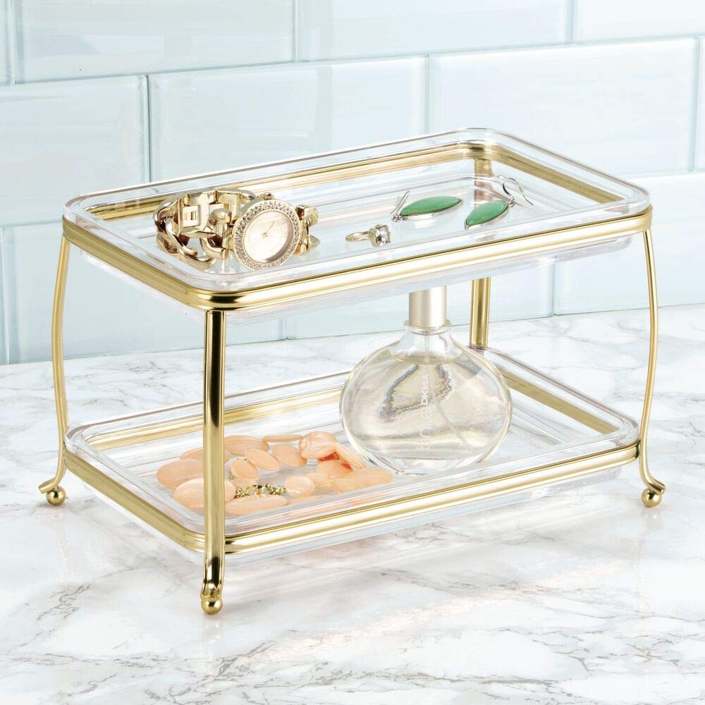 mDesign 2-Tier Decorative Makeup Organizer Vanity Tray – Soft Brass/Clear