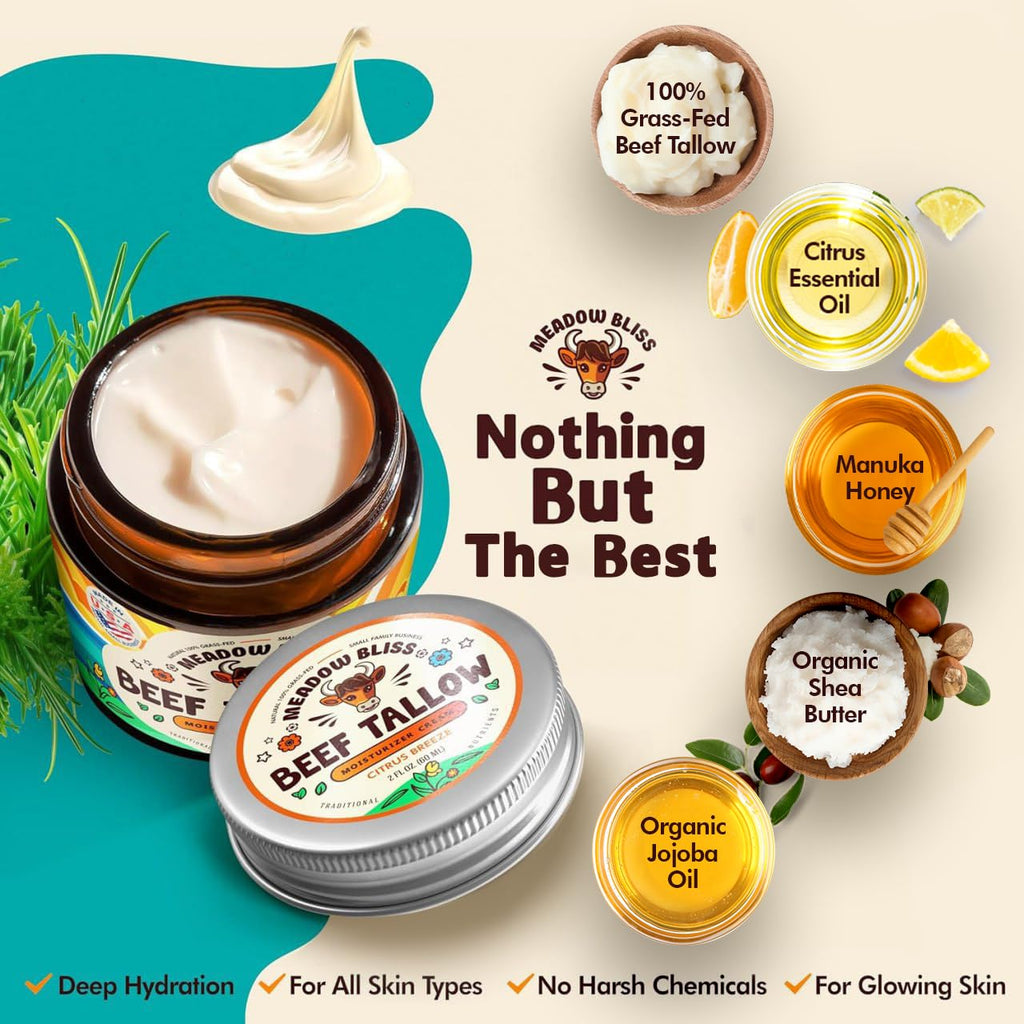Meadow Bliss Beef Tallow for Skin – Whipped Moisturizer with Manuka Honey & Jojoba Oil | Citrus Breeze, 4 oz