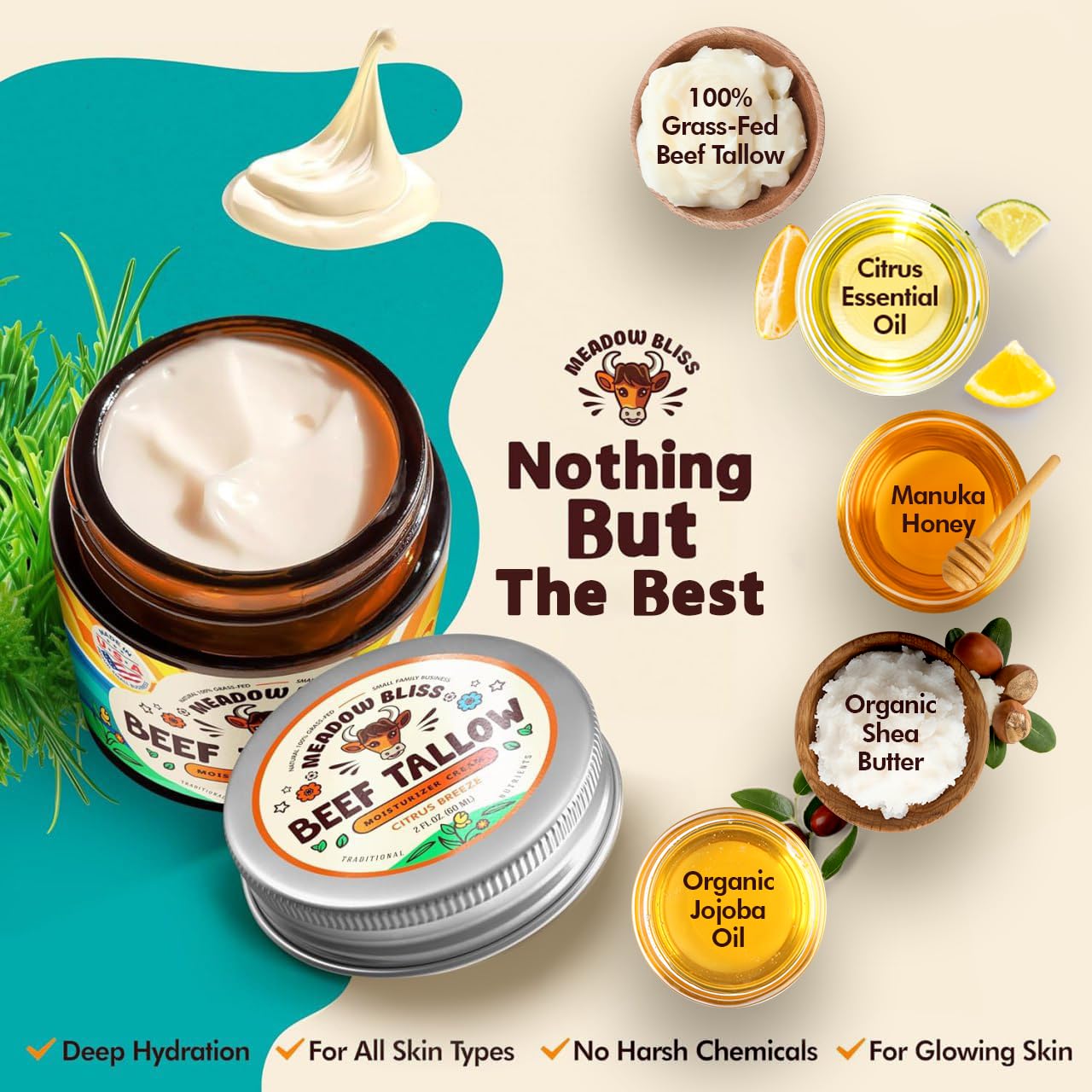 Meadow Bliss Beef Tallow for Skin – Whipped Moisturizer with Manuka Honey & Jojoba Oil | Citrus Breeze, 4 oz