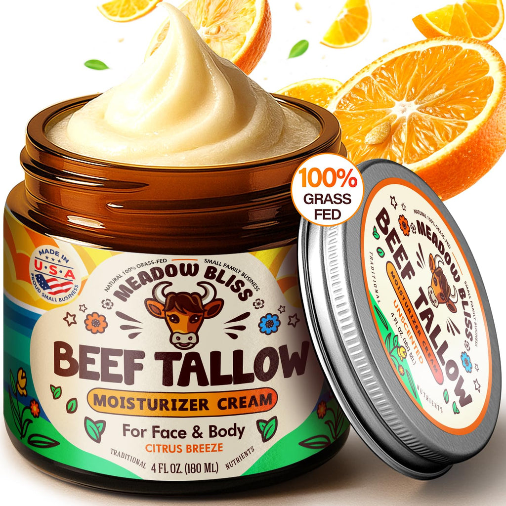 Meadow Bliss Beef Tallow for Skin – Moisturizer Cream with Grass-Fed Tallow, Organic Jojoba Oil & Shea Butter | Citrus Breeze | 4 oz | Made in USA
