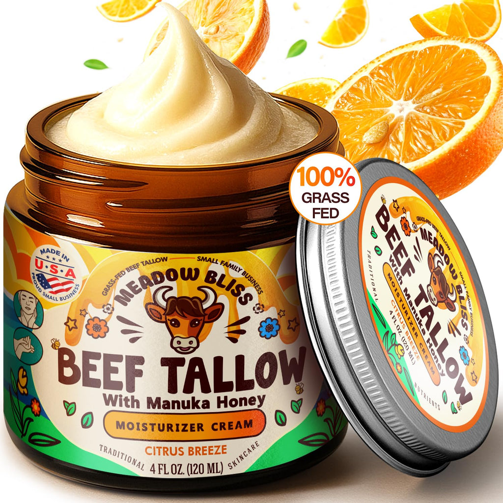 Meadow Bliss Beef Tallow for Skin – Whipped Moisturizer with Manuka Honey & Jojoba Oil | Citrus Breeze, 4 oz